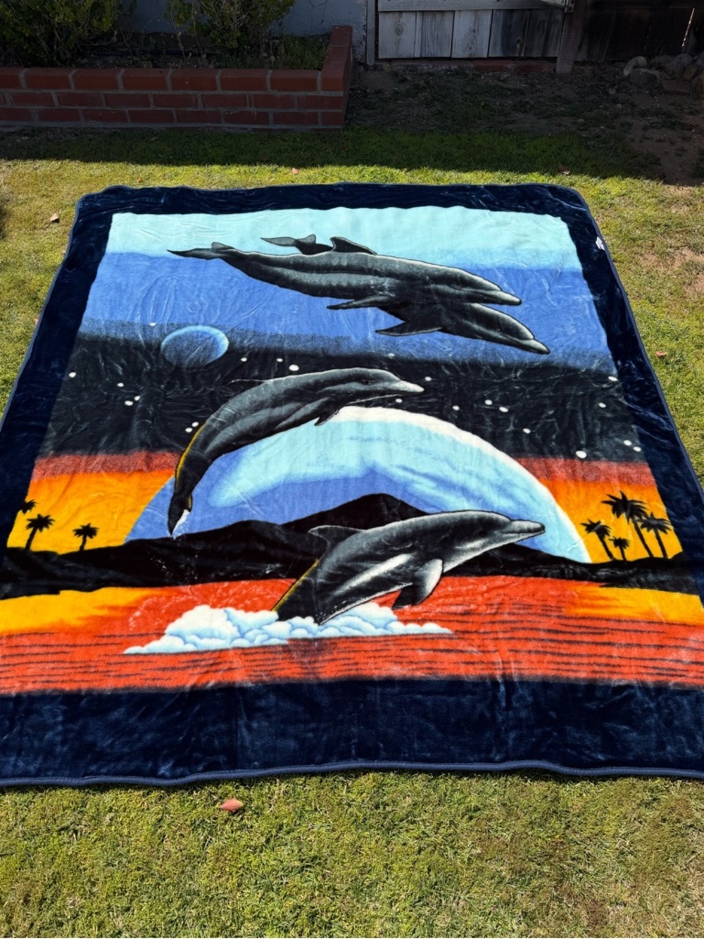 Jumping Dolphins Island Sunset Plush Korean Minky Blanket Colorful Queen Nice!